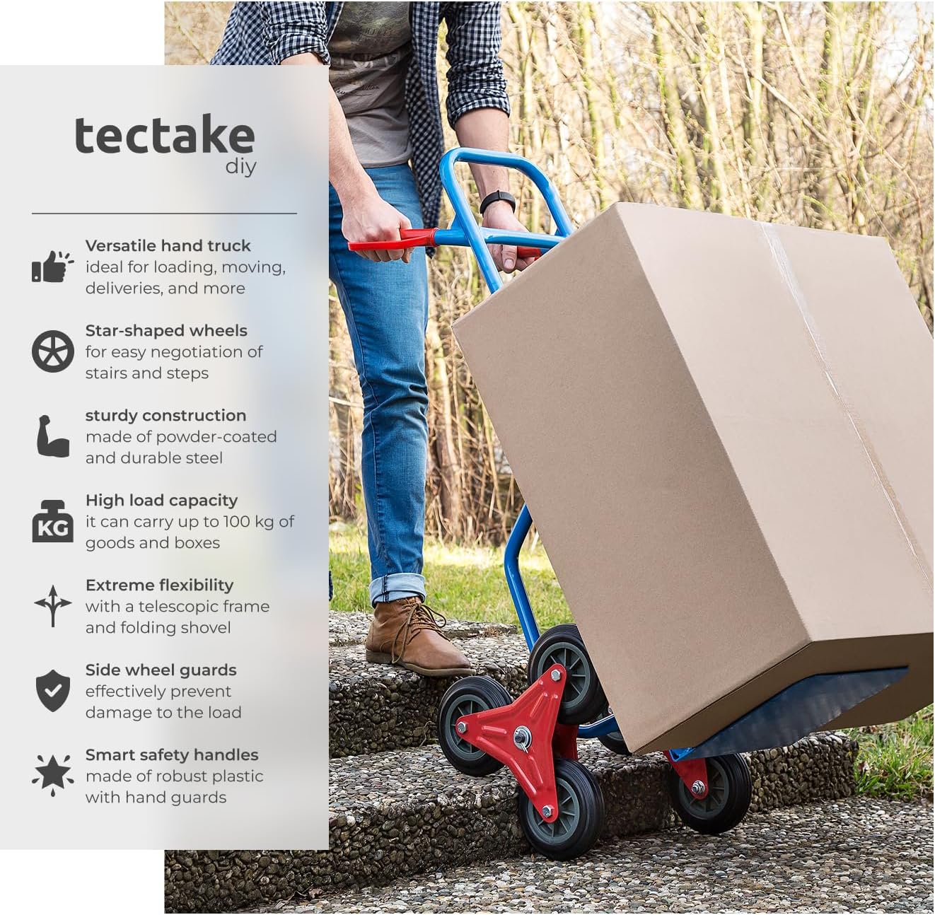 tectake® Sack Barrow with Adjustable Telescopic Frame, Folding Trolley with Star-Shaped Wheels for Steps & Curbs, Multi-Purpose Sack Truck with 100 kg Load Capacity & Sturdy Steel Frame - Blue