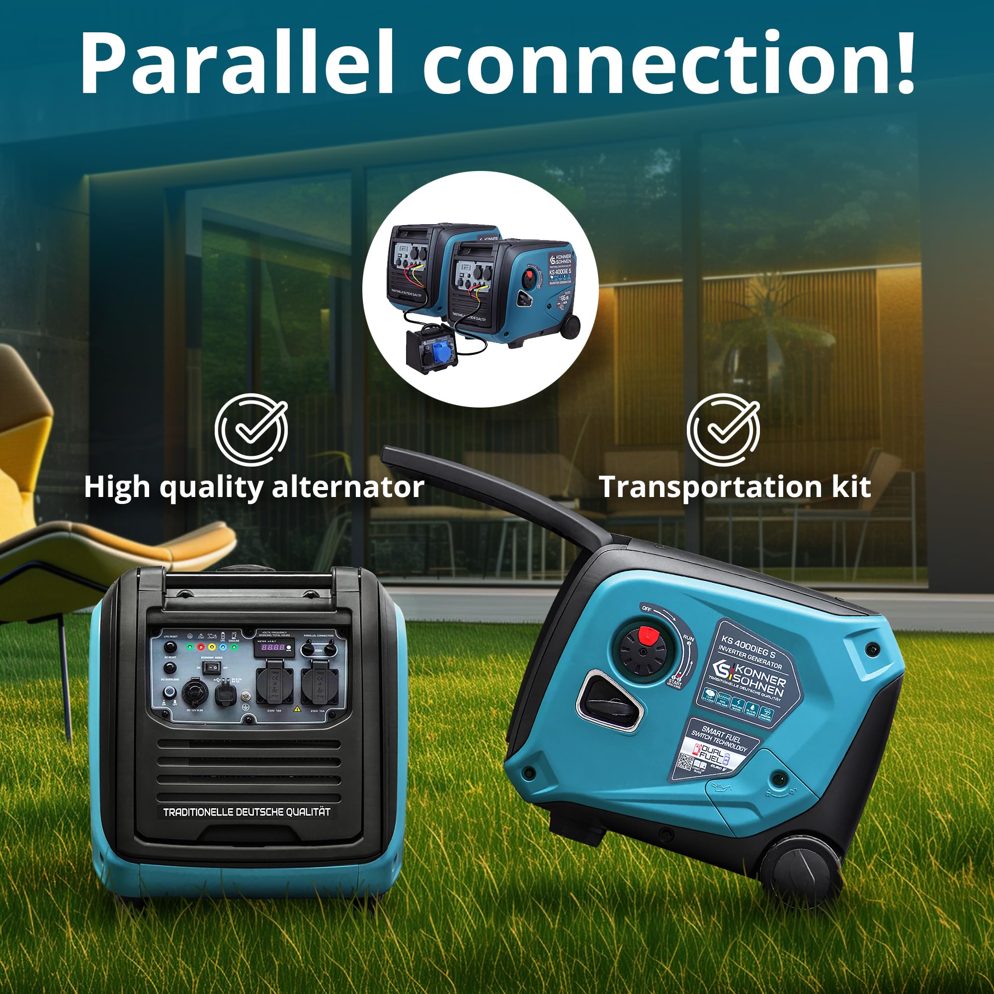 Könner & Söhnen KS 3100iG S portable LPG/petrol inverter generator 3100 W,UK Plug Socket 1x13 A (230 V), 2 USB ports,copper winding,silent inverter generator,dual fuel generator