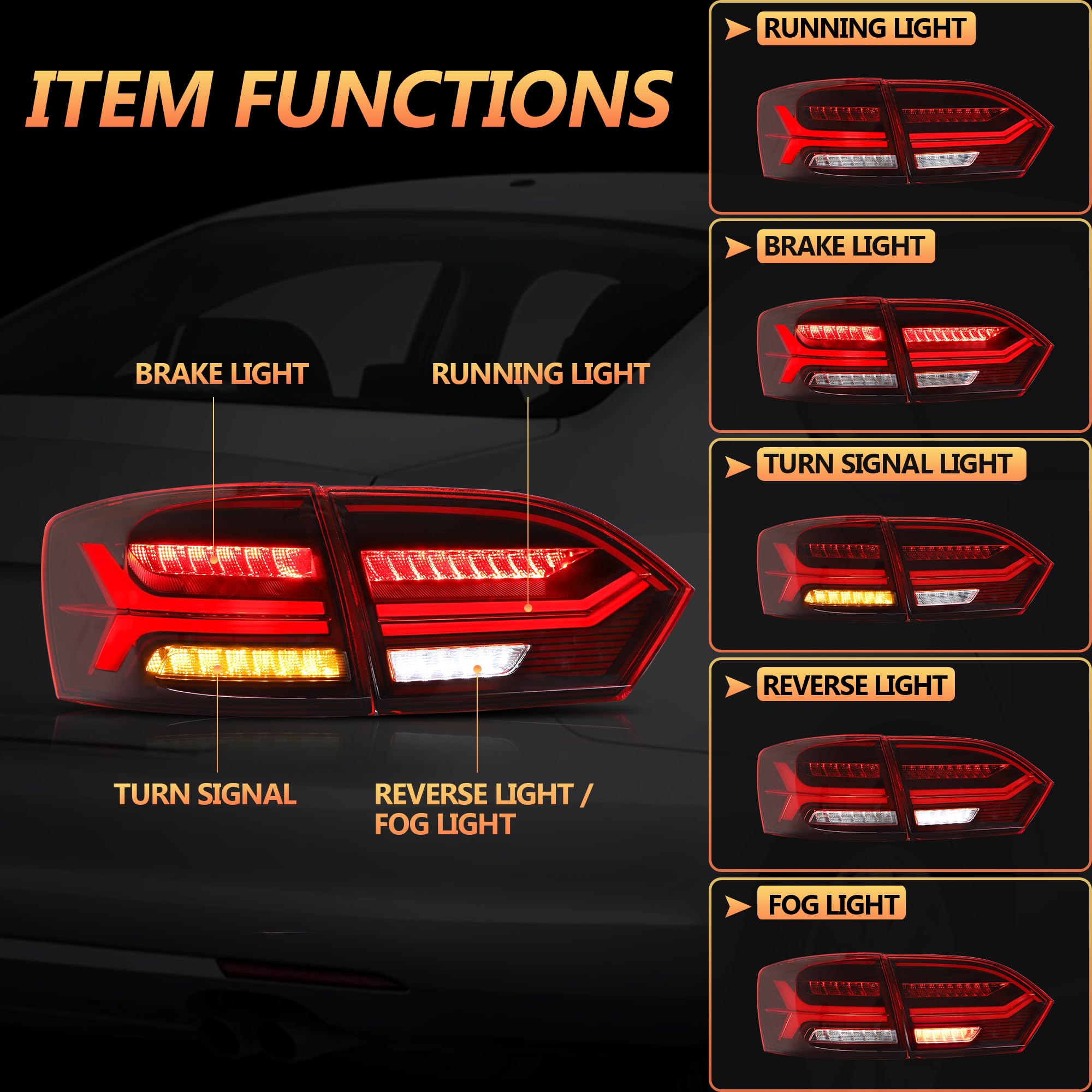 VLAND LED Rear Lights compatible with Jetta MK6 2011-2018 Sedan [Not fit LED & GLI models], Driver & Passenger Side - Red