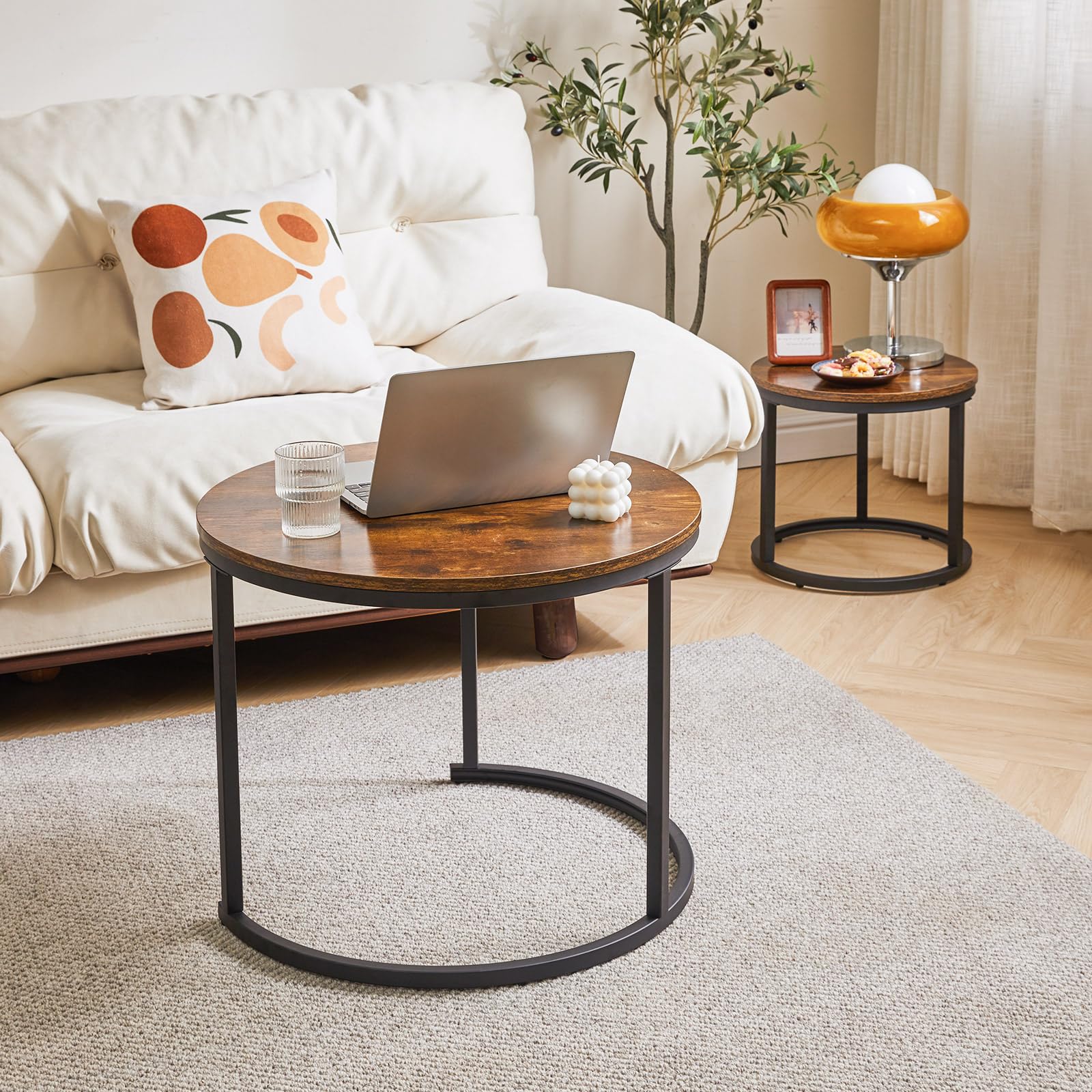 IBUYKE Round Nesting Table, Removable Set of 2 Coffee Tables, Stacking Sofa Side Table End Table, for Living Room, Bedroom, Office, Balcony,