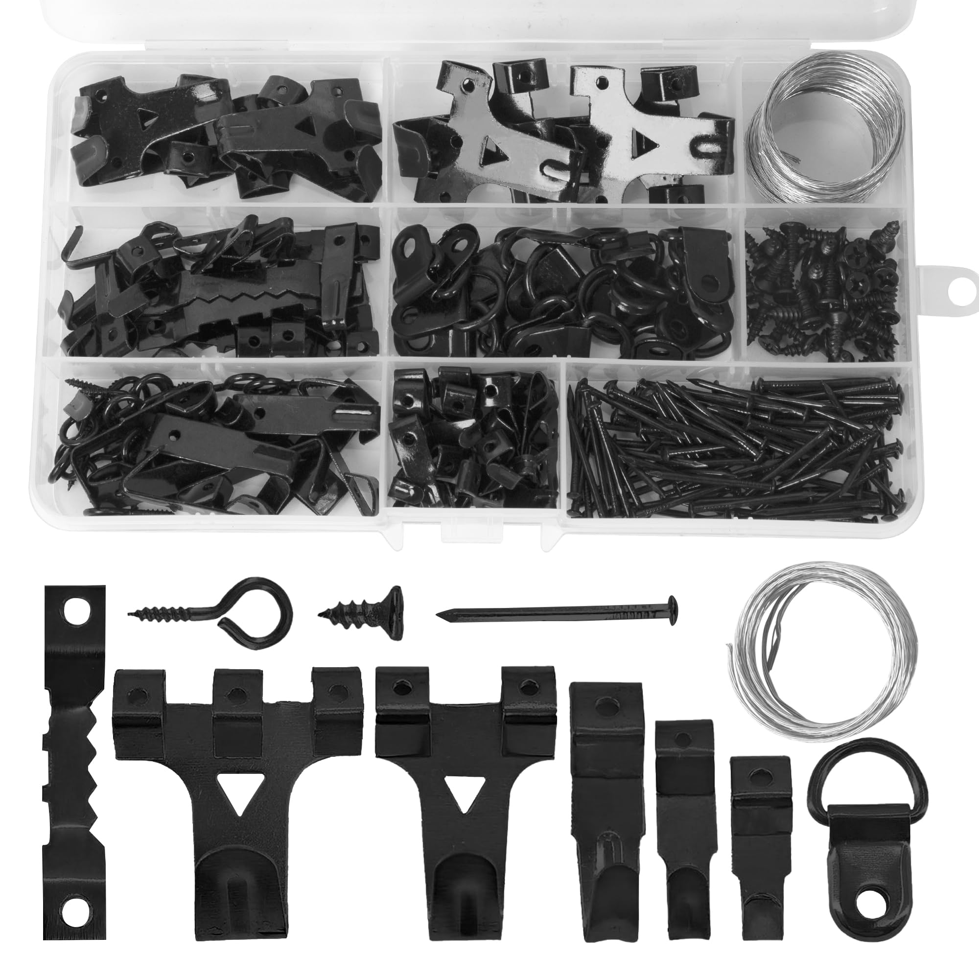 250pcs Picture Hooks Picture Hanging Kit Heavy Duty Picture Hangers with Picture Wire, Nails, Sawtooth, D Ring, Screw Eyes