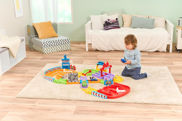 VTech Toot-Toot Drivers Super Circuit RC Raceway, Toy Car Playset with 2 Vehicles Included, 3 Exciting Crash Zones, Songs & Fun Phrases, Interactive Toddler Toy 12 Months, 2, 3, 4 +, English Version