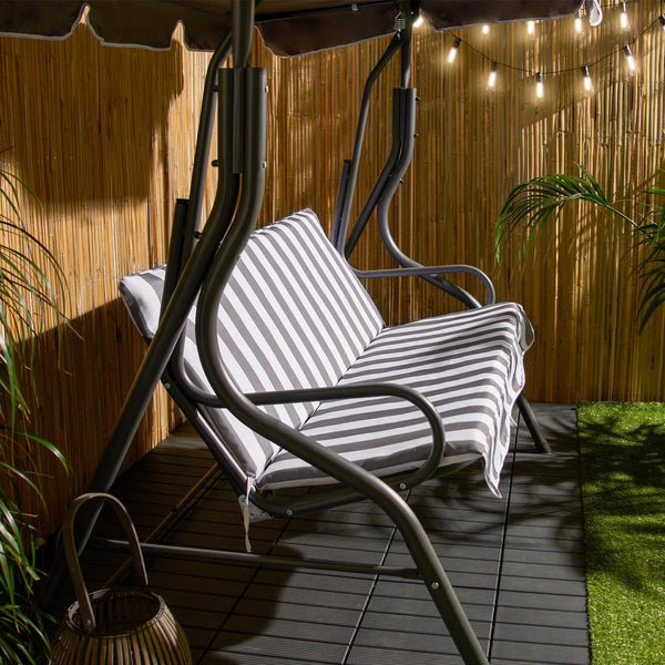 OHS Garden Swing Bench, 3 Seater Swing Seat Outdoor with Adjustable Canopy & Cushioned Seats Relaxing Comfy Outdoor Patio Hammock Bench, Grey/White Stripe