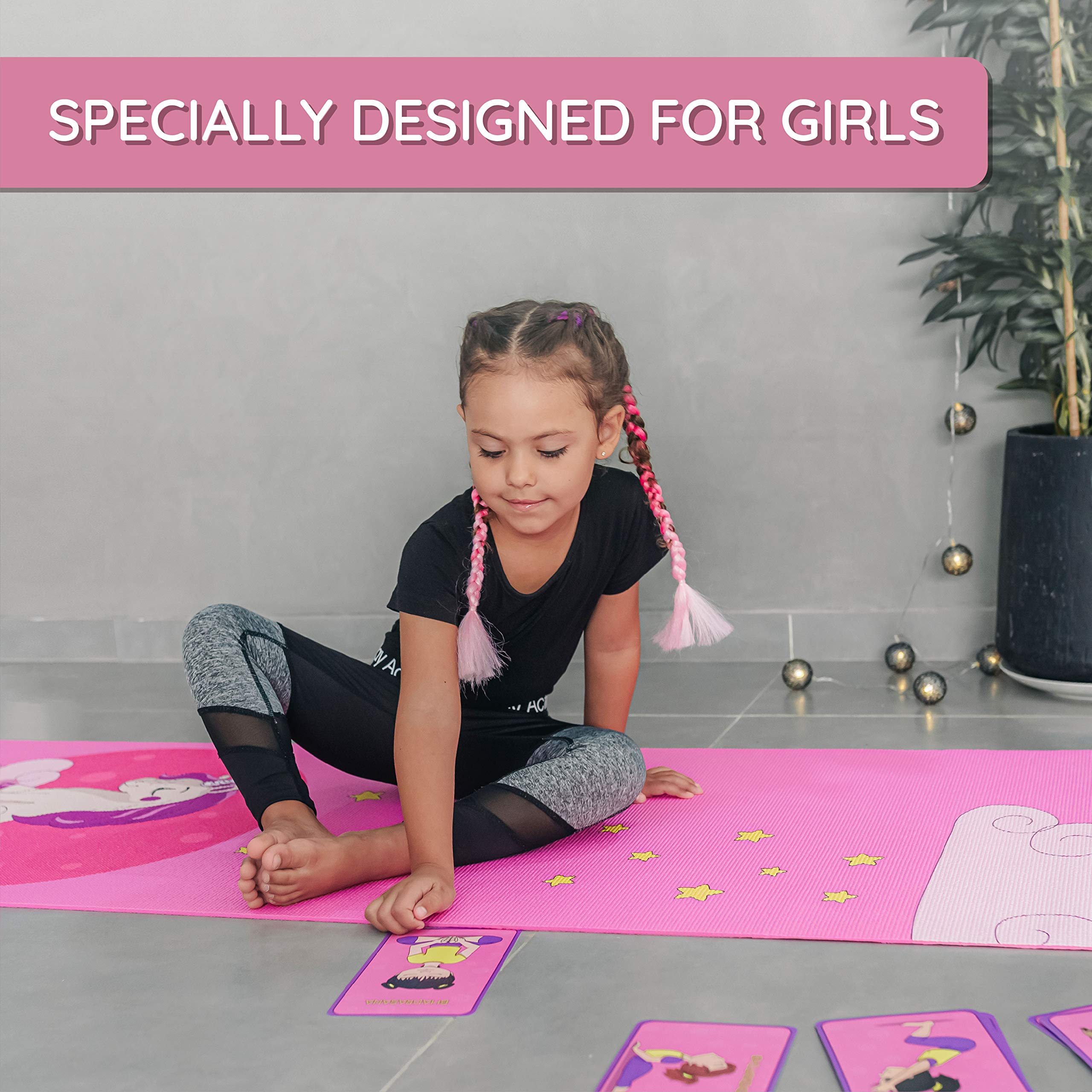Kids Yoga Mat Set - Fun Unicorn Yoga Mat for Girls - Comfortable - Chemical Free - Non-Toxic - Non-Slip - 60 X 24 X 0.2 Inches - w/ 12 Yoga Cards for