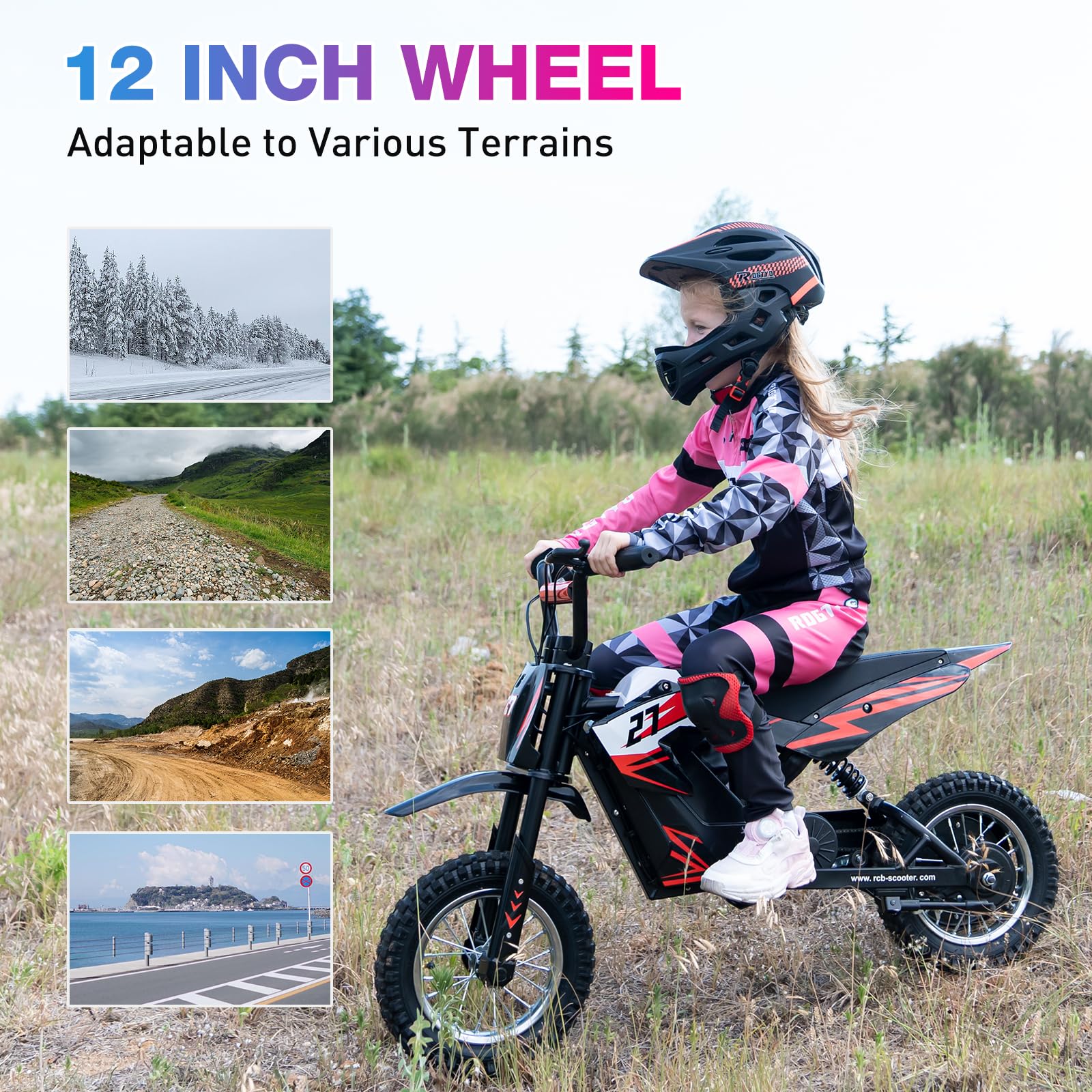 RCB R9X Electric Motorcycle Kids, 12 inch Pneumatic Tires, Ride On Electric Motorcycle with Powerful Motor, 3 Speed Modes 8/12/25KMH, Range 15KM, Moto Crossbike Kids from 3-12years