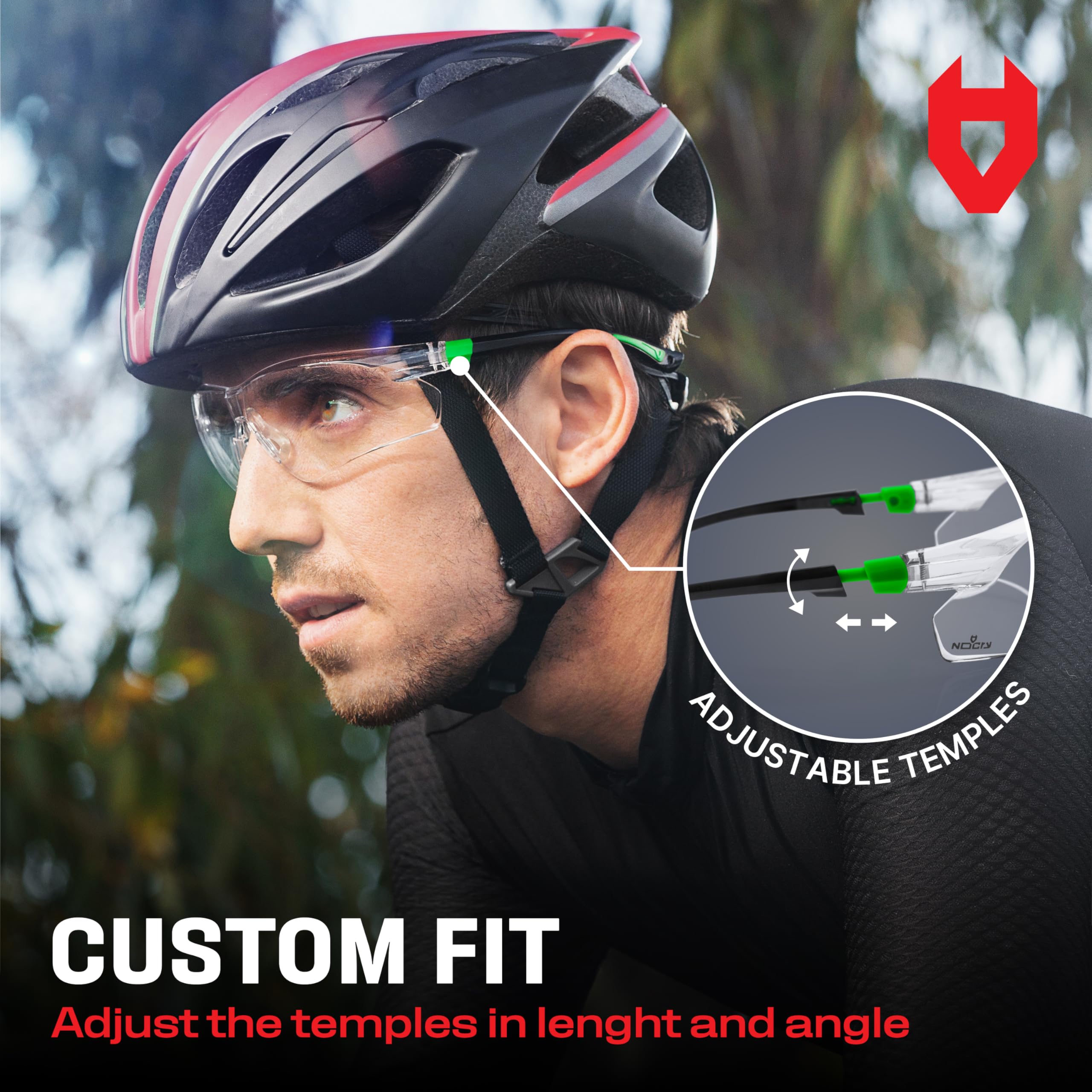 NoCry Clear Safety Glasses for Work with Anti Fog Scratch Resistant Wrap-Around Lenses and Non-Slip Grips, UV Protection. Adjustable Eye Protection Cycling and Squash Glasses with Black & Green Frames