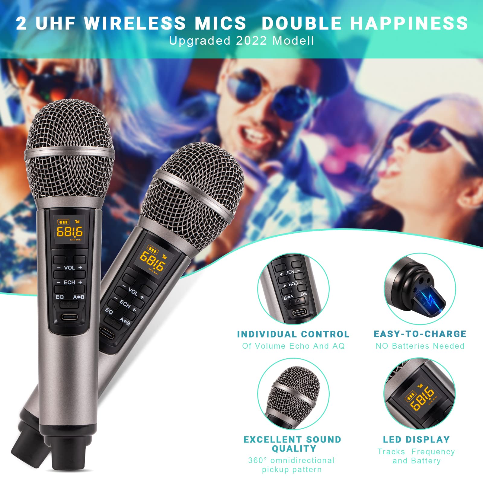 Upgrade Karaoke Machine for Adults and Kids,Portable Bluetooth 2 UHF Wireless Karaoke Microphone with Holder/USB/TF Card/AUX-in,PA Speaker System for Home Party, Picnic,Car,Outdoor/Indoor-Grey