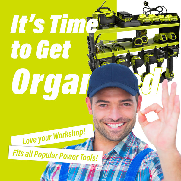 Toolganize Power Tool Organiser, Storage Rack with Power Strip Charging Station, Heavy-Duty for Workshop & Garage Tools - 4 Slot, Milwaukee Red.