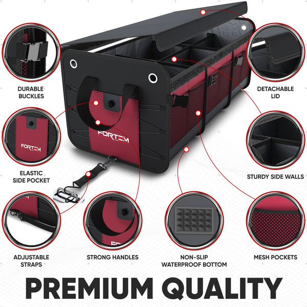 FORTEM Car Boot Organiser, SUV Boot Tidy, Trunk Storage, Collapsible Multi Compartment Car Organiser, Non Slip Bottom, Adjustable Securing Straps, Foldable Cover (65L)