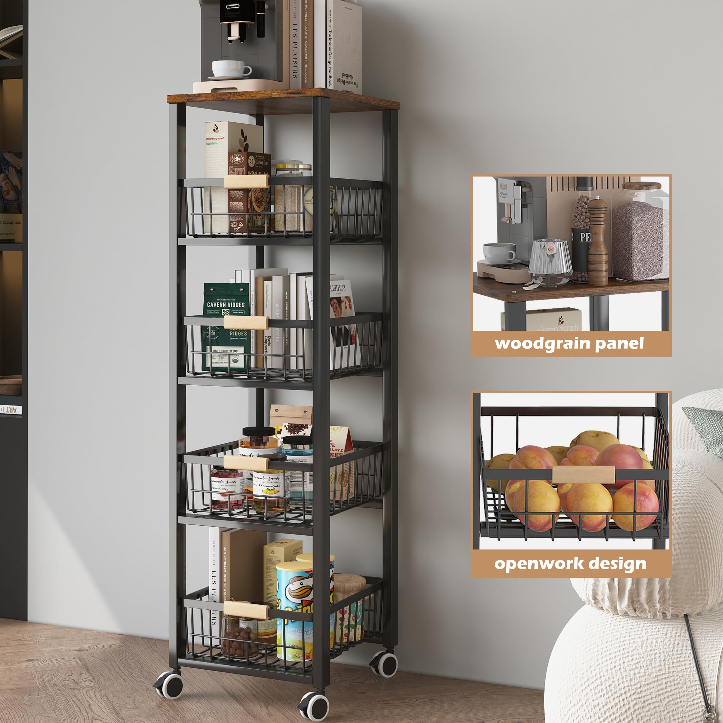 5 tier kitchen storage trolley,fruit basket stand,vegetable storage rack on wheelsy,5-tier kitchen basket trolley,tall trolley on wheels,chefs