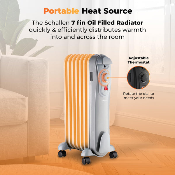 Schallen 1500W 7 Fin Portable Electric Slim Oil Filled Radiator Heater with Adjustable Temperature Thermostat, 3 Heat Settings & Safety Cut Off | 1.5Kw GREY