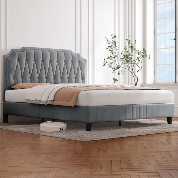 Yaheetech 5ft King Bed Frame Upholstered Platform Bed with Adjustable Button Tufted Headboard/Velvet Fabric/Sturdy Wooden Slat Support/No Box Spring Needed, Dark Grey King Bed