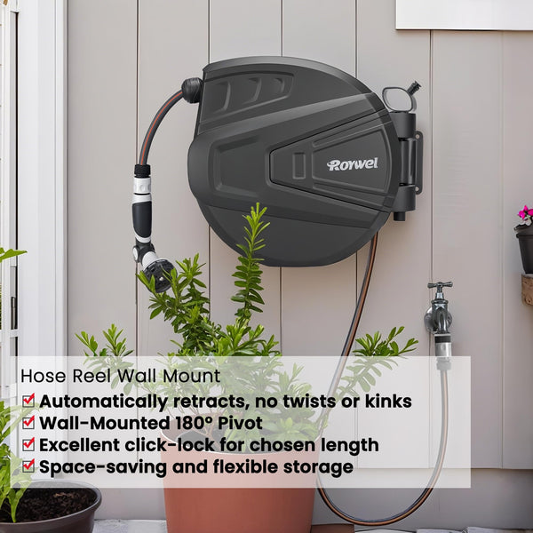 Roywel Auto Reel Garden Hose 20MHose Reel Wall MountedAuto Rewind, Self-Locking System,180 Pivotal with Multifunction Spray Nozzle