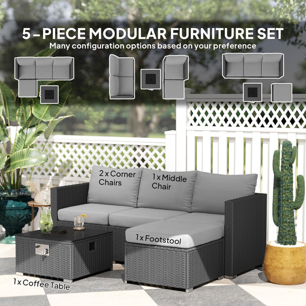 Outsunny 5 Piece Rattan Garden Furniture Set with Gas Fire Pit Table, 4 Seater Outdoor Sectional Sofa Set with Footstool and Removable Cushions, Modular Combination, Brown and Cream White