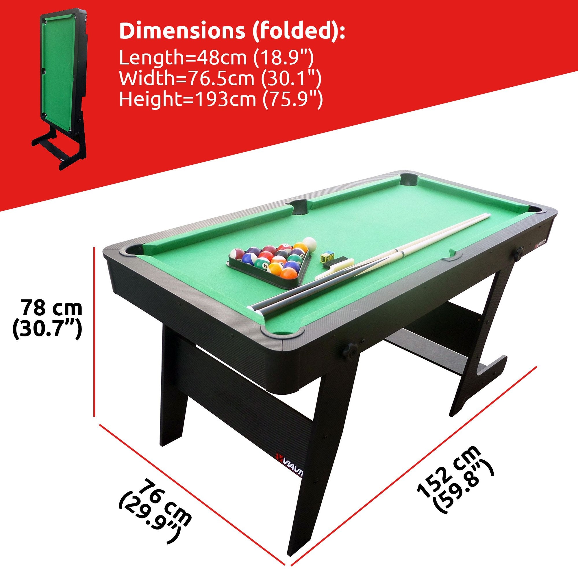 VIAVITO PT100X Folding Pool Billiards Table with Accessories, Space Saving Steady Portable Family Leisure Game Table Set for Kids & Adults w/Cues, Balls, Chalk, Triangle & Brush