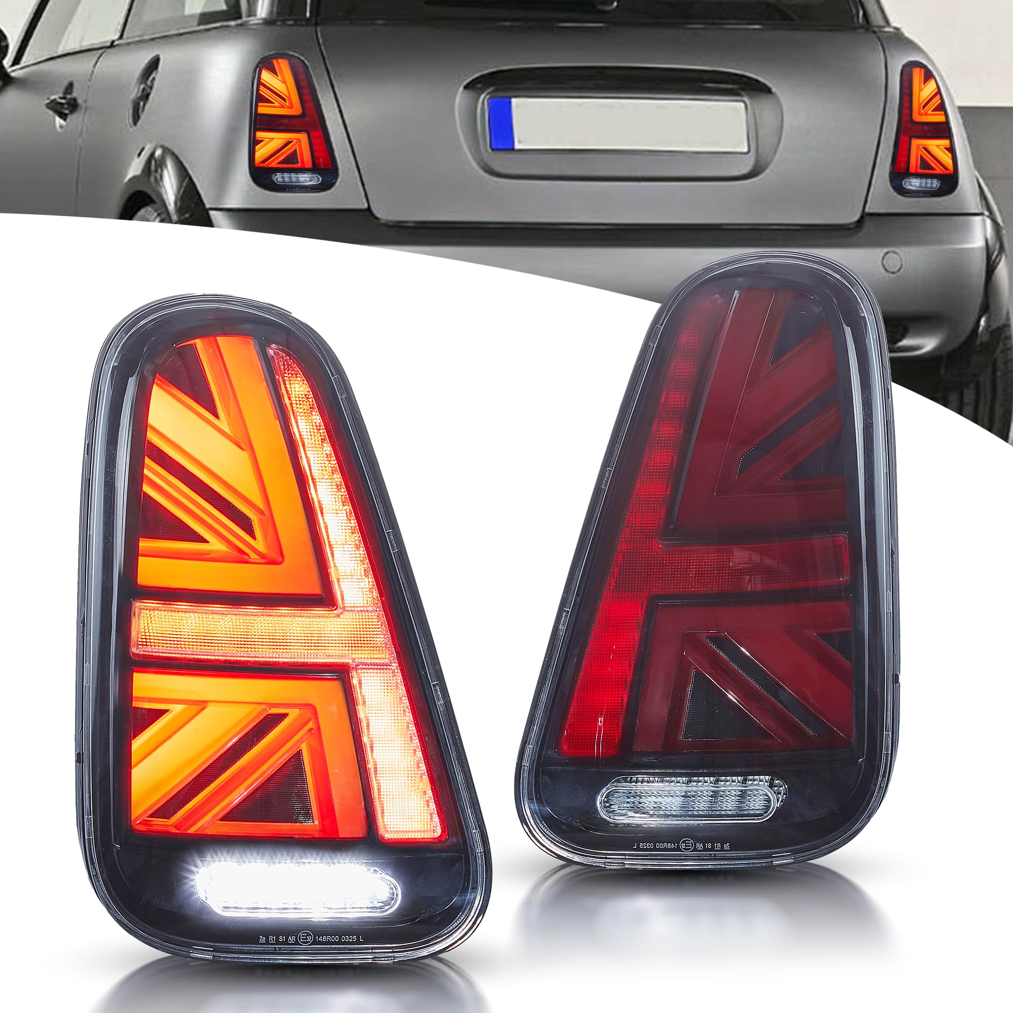 VLAND LED Rear Lights Compatible with Mini Cooper R50 R52 R53 2001-2006 1st Gen Hatch/Convertible, Union Jack Tail Lights w/Startup Dynamic Display & Sequential Indicator, 1 Set (Red)