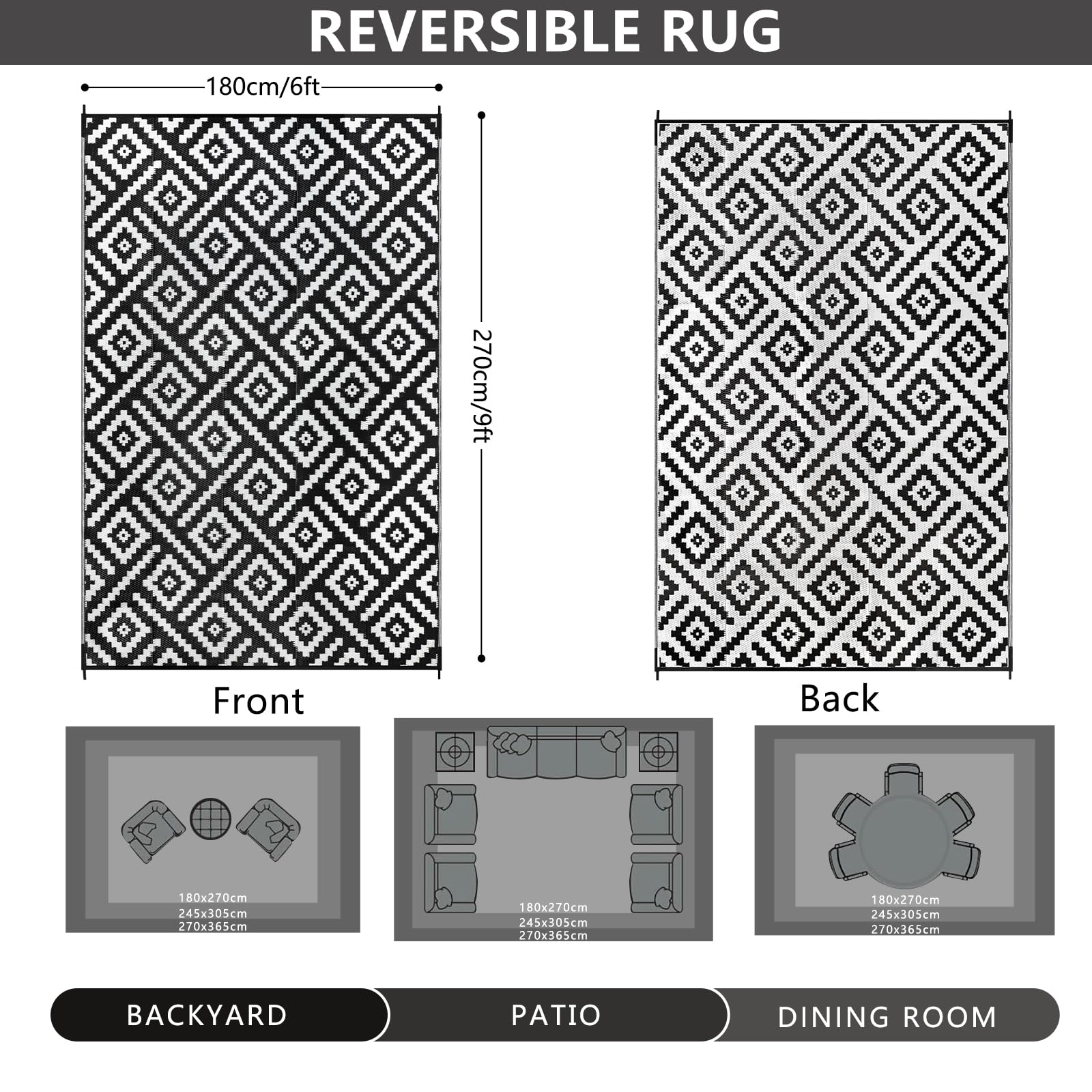 Cekene Large Outdoor Rug Waterproof Black 245x305cm Patio Rugs Reversible RV Camping Mat Lightweight Plastic Portable Outdoor Carpet for Picnic Porch Deck Backyard BBQ Beach