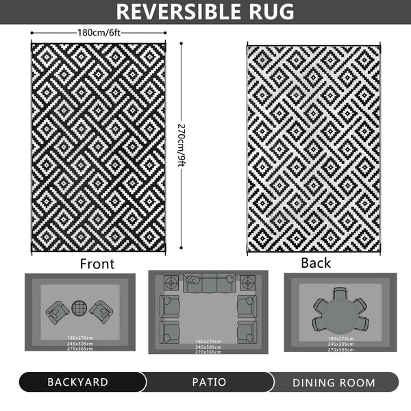 Cekene Large Outdoor Rug Waterproof Black 245x305cm Patio Rugs Reversible RV Camping Mat Lightweight Plastic Portable Outdoor Carpet for Picnic Porch Deck Backyard BBQ Beach