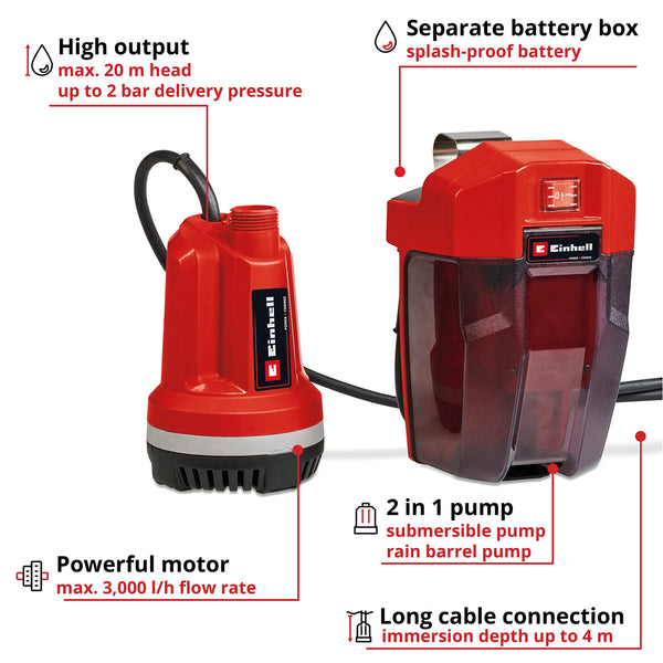 Einhell Power X-Change 18V Cordless Water Butt Pump - 3000 l/h, 2 Bar, Submersible Pump with Telescopic Pipe with Connection for A Garden Hose - GE-PP