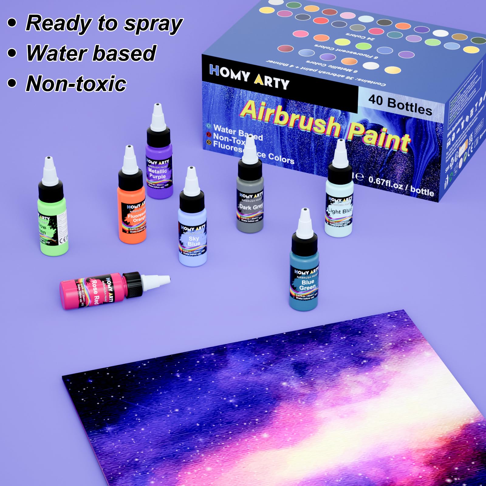 HOMY ARTY Airbrush Paint, 36 Colours with 4 Thinner Airbrush Paint Set, Water-Based Air Brush Colours, Ready to Spray, 20 ml/Bottle