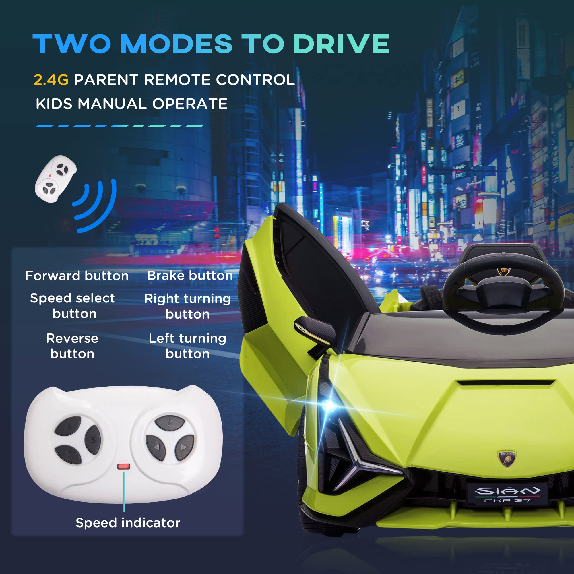 HOMCOM Lamborghini Sian Licensed 12V Kids Electric Ride On Car 2 Motors Toy Car with Remote Control Music Lights MP3 for 3-5 Years Green