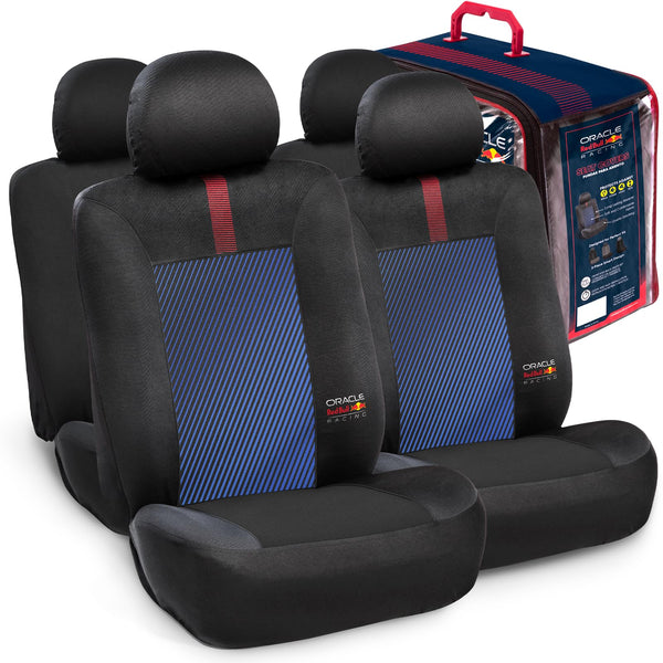 Red Bull Racing Seat Covers Front Pair – Universal Fit, Durable Material with Blue & Black Striped Back, Red Power Bar Graphic & Oracle Red Bull Racing Logo, Protects Spills & Damage (FRONT PAIR)