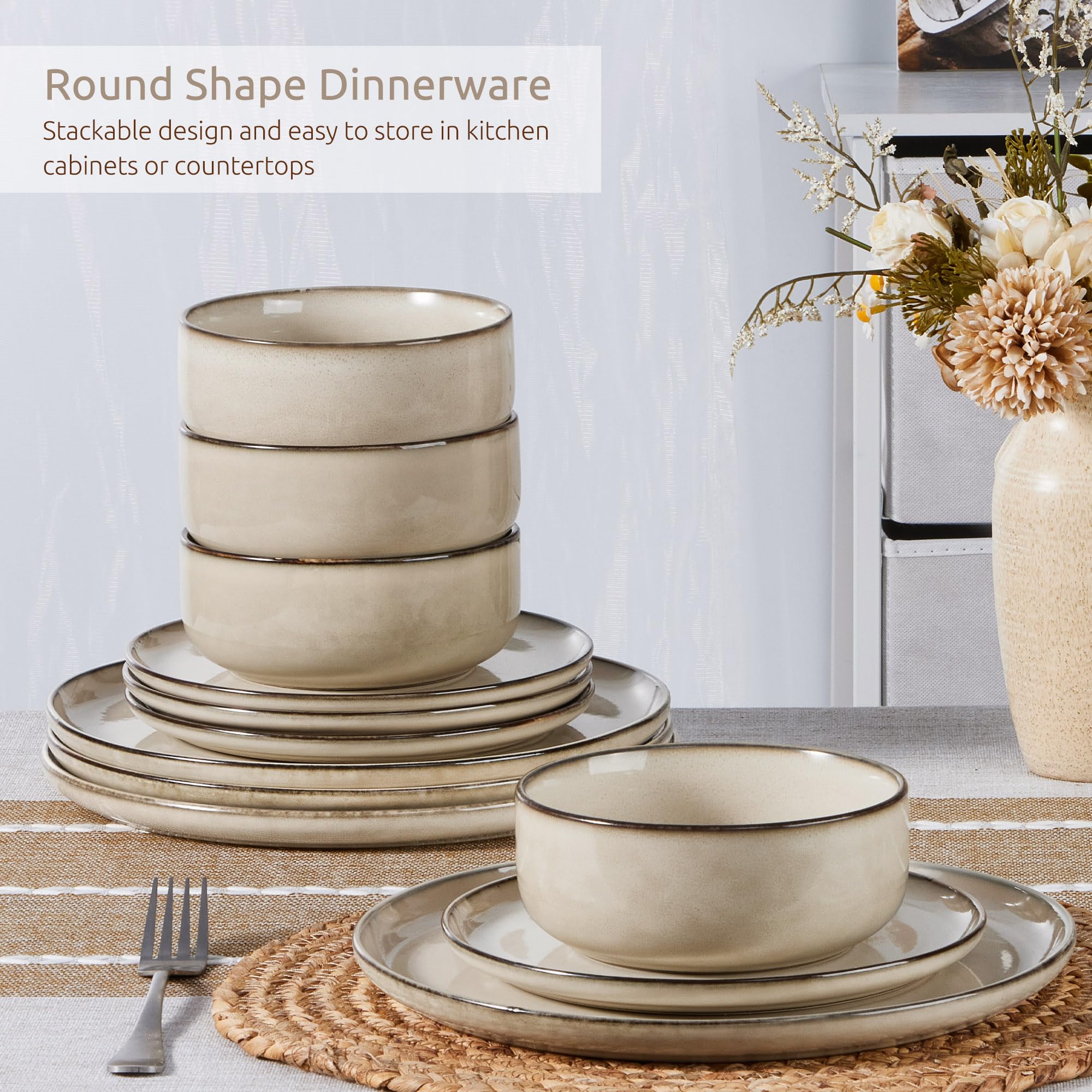 Homikit 12 Piece Dinner Set, Reactive Glaze Kitchen Dinnerware Sets for 4, Elegant Stoneware Included Plates and Bowls, Non-Scratch & Sturdy,