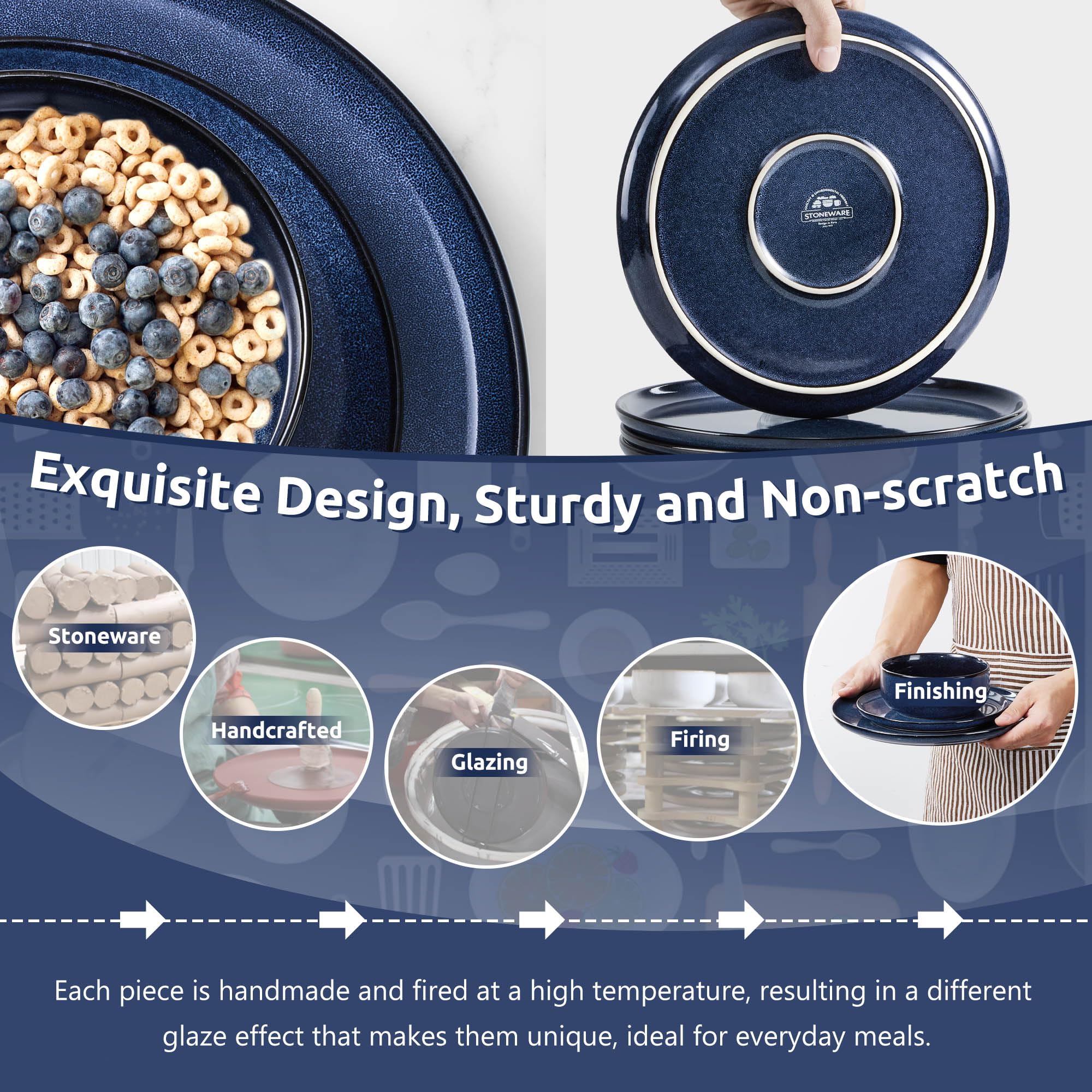 Homikit 12 Piece Dinner Set, Reactive Glaze Kitchen Dinnerware Sets for 4, Elegant Stoneware Included Plates and Bowls, Non-Scratch & Sturdy,