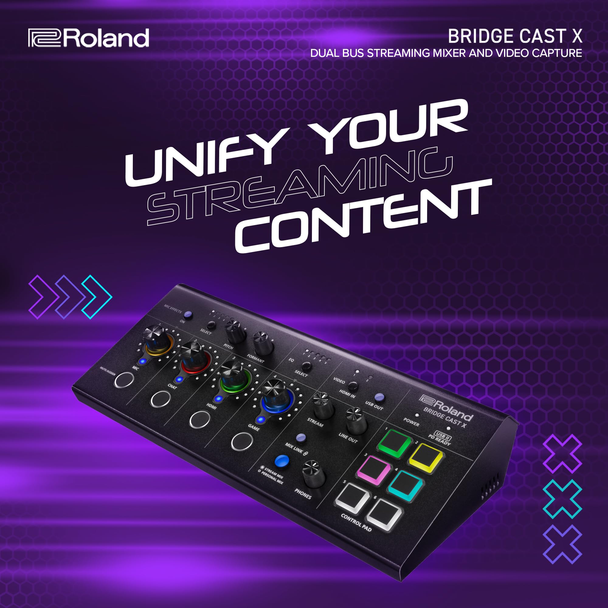 Roland BRIDGE CAST ONE Dual Bus Streaming Mixer Compact Audio Streaming Mixer For Online Gamers & Content Creators 32-Bit Hardware DSP USB-C Windows and Mac Connectivity XLR Mic Support