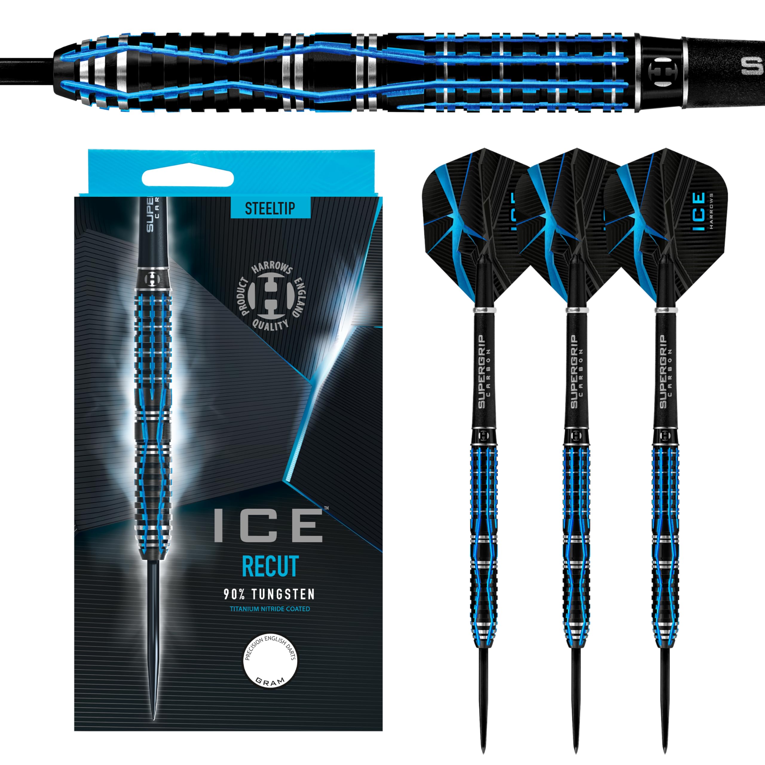 Harrows Ice Recut 90% Tungsten Steel Tip Darts Set 21g, 22g, 23g & 24g - Includes Silver Supergrip Carbon Midi Shafts & New 100 Micron ICE Flights