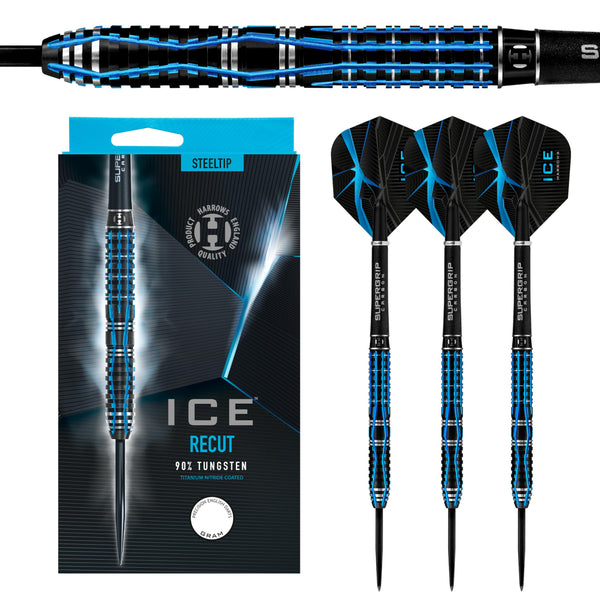 Harrows Ice Recut 90% Tungsten Steel Tip Darts Set 21g, 22g, 23g & 24g - Includes Silver Supergrip Carbon Midi Shafts & New 100 Micron ICE Flights