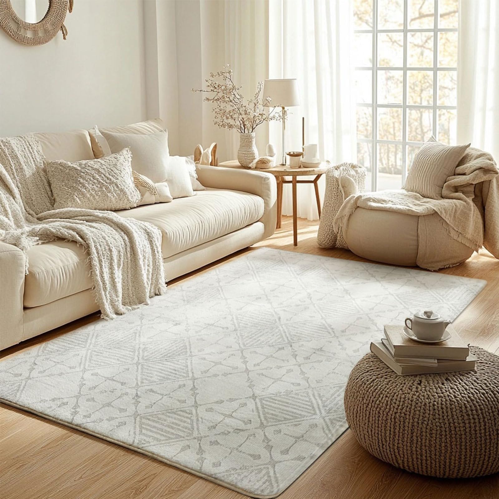Leesentec Rugs Living Room Large 160x200cm Cream Grey White Rug for Bedroom Abstract Modern Geometrical Short Pile Rugs Easy Care Soft Non-slip Carpet