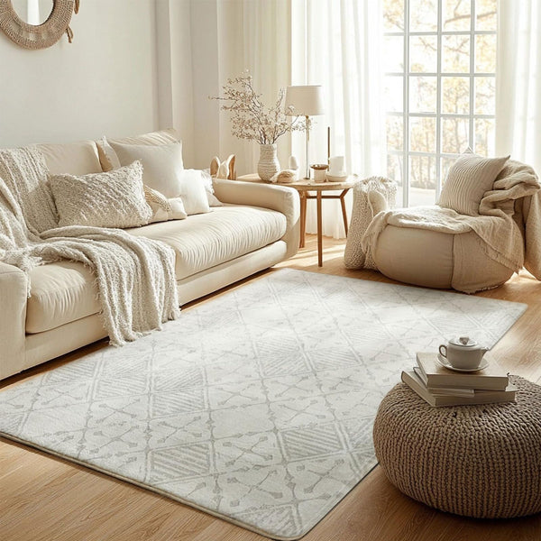Leesentec Rugs Living Room Large 160x200cm Cream Grey White Rug for Bedroom Abstract Modern Geometrical Short Pile Rugs Easy Care Soft Non-slip Carpet