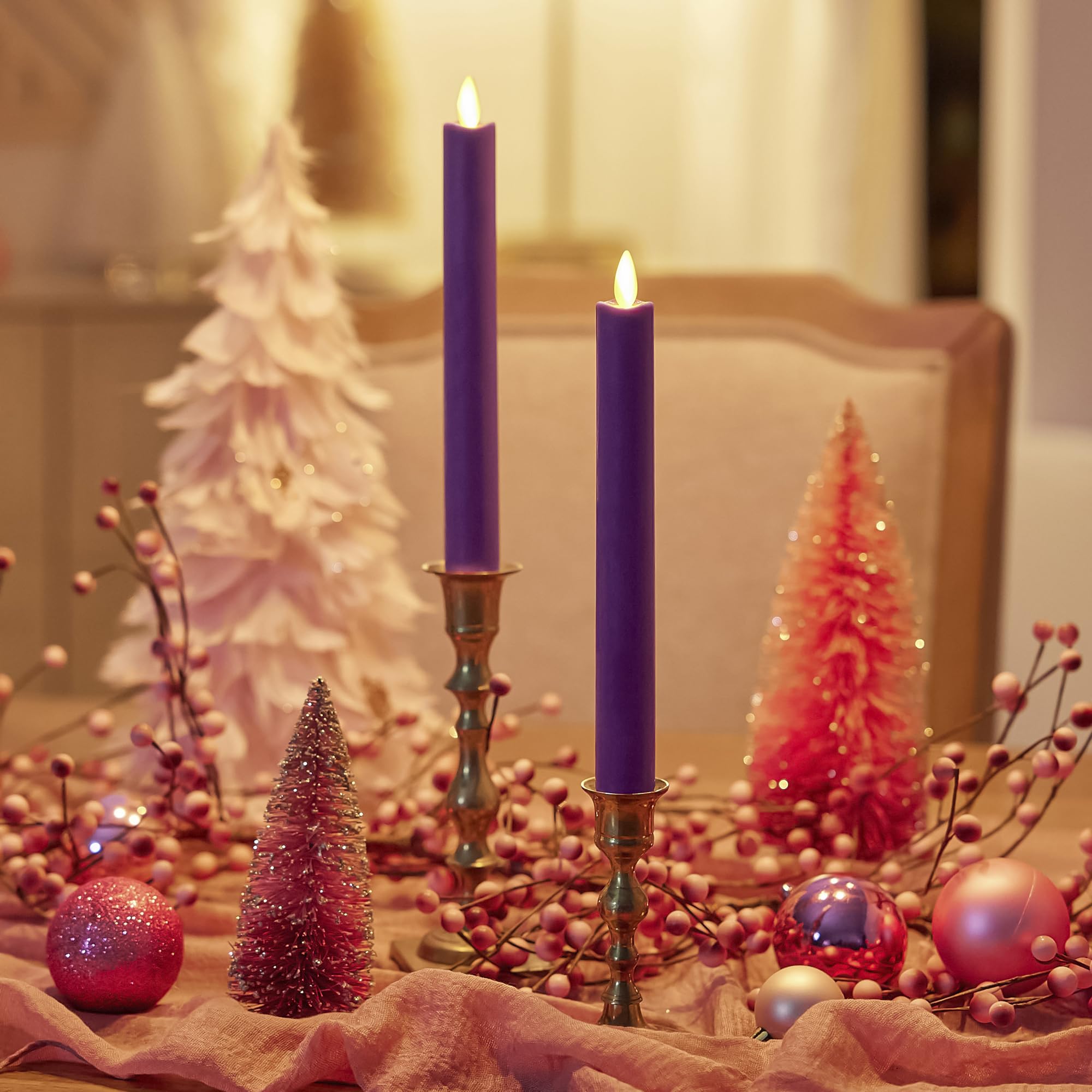 Luminara - Flameless Battery Operated Taper Candle - Purple - Pack of 2-1x9.75 - LED Flickering Flame - Realistic Safe for Home Kids and Pets