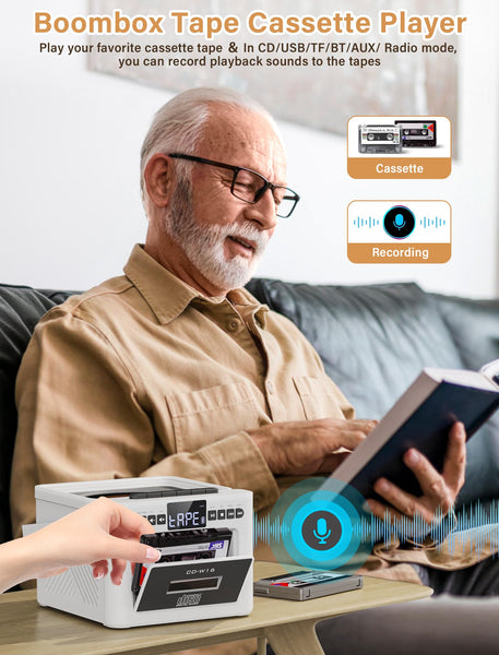 Boombox CD Player with Speakers, CD Cassette Player Combo with Bluetooth, Portable Radio CD Players for Home,5000mAh Rechargeable Battery,Remote control,StereoHifi System,Supports USB/AUX/Micro Card