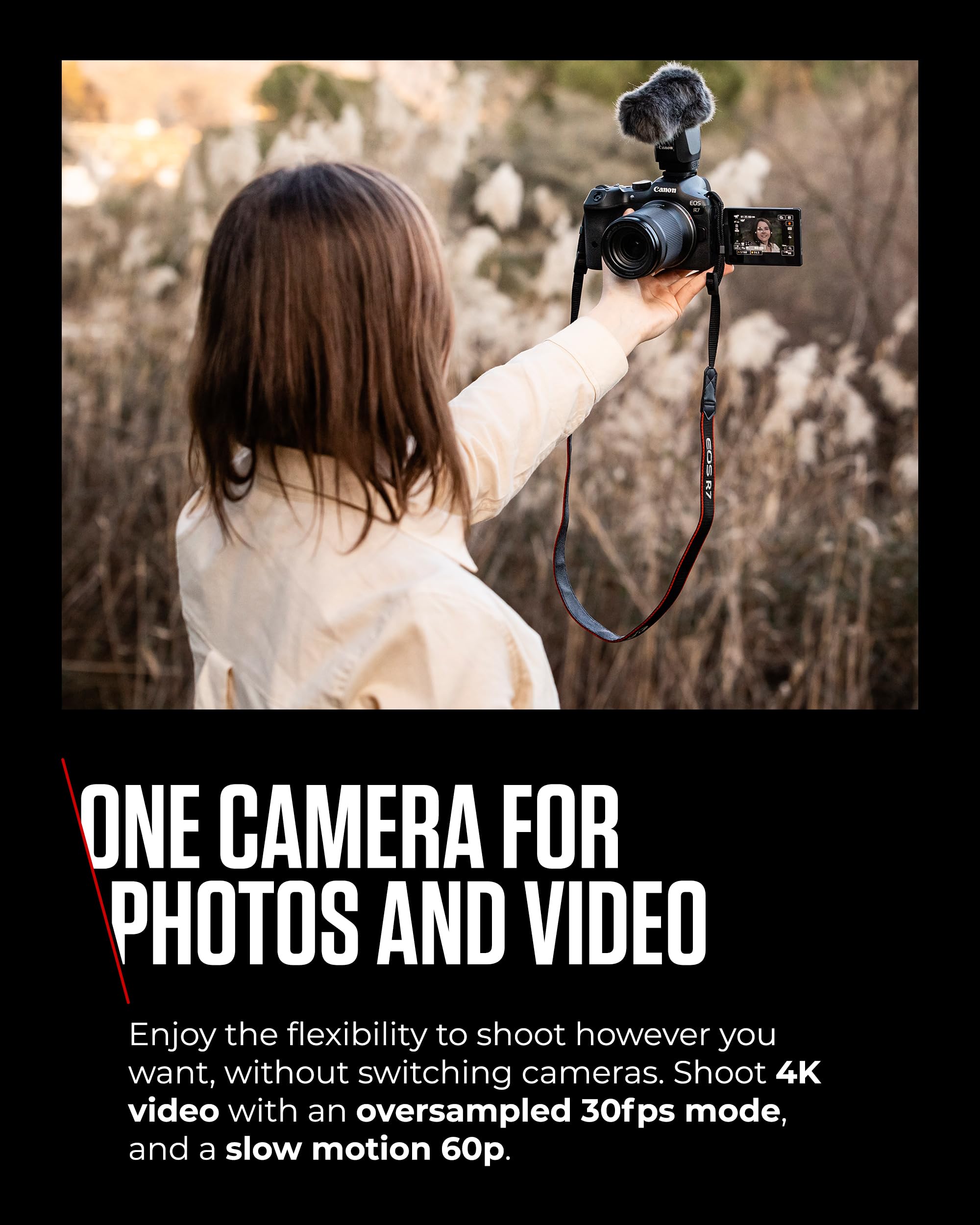 Canon Mirrorless Cameras EOS R7 Body - 32.5 MP APS-C Sized Image Sensor - Dual Pixel CMOS AF II - 4K UHD Video - In-Camera Compositing - LCD Touchscreen - UVC/UAC Compatible