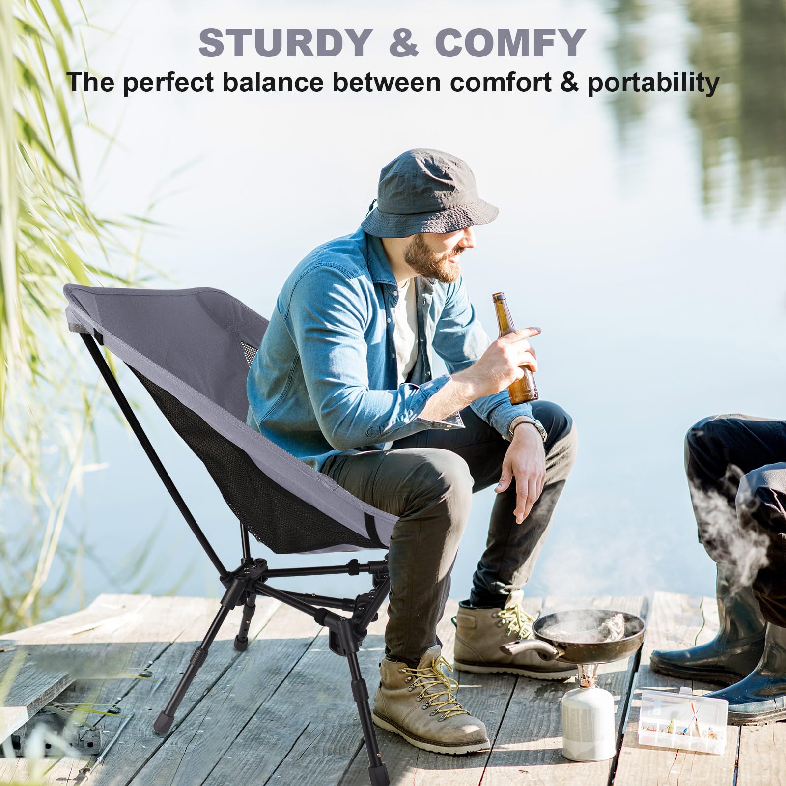 Portable Folding Camping Chair: Lightweight Height Adjustable Camping Chairs Stable Supports 330 Lbs with Side Pockets for Outdoor Camp, Travel, Beach, Lawn (Black)