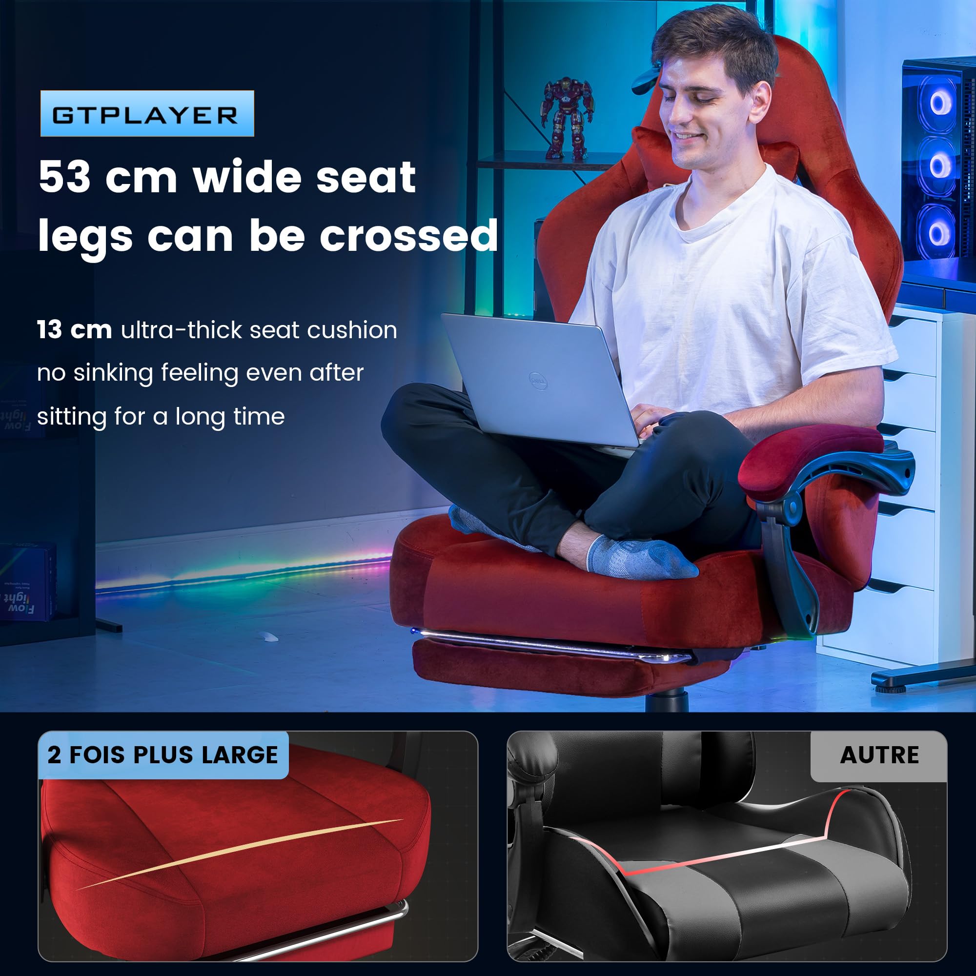 GTPLAYER Fabric Gaming Chair, Ergonomic Computer Chair with Footrest and Lumbar Support Height Adjustable Home Office with 360°-Swivel Seat and Headrest