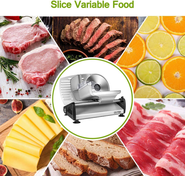 OSTBA SL-518 Electric Deli Food Slicer with Child Lock Protection, Removable 19cm Stainless Steel Blade and Food Carriage, 0-15mm Adjustable Thickness Food Slicer Machine for Meat, Cheese, Bread,150W