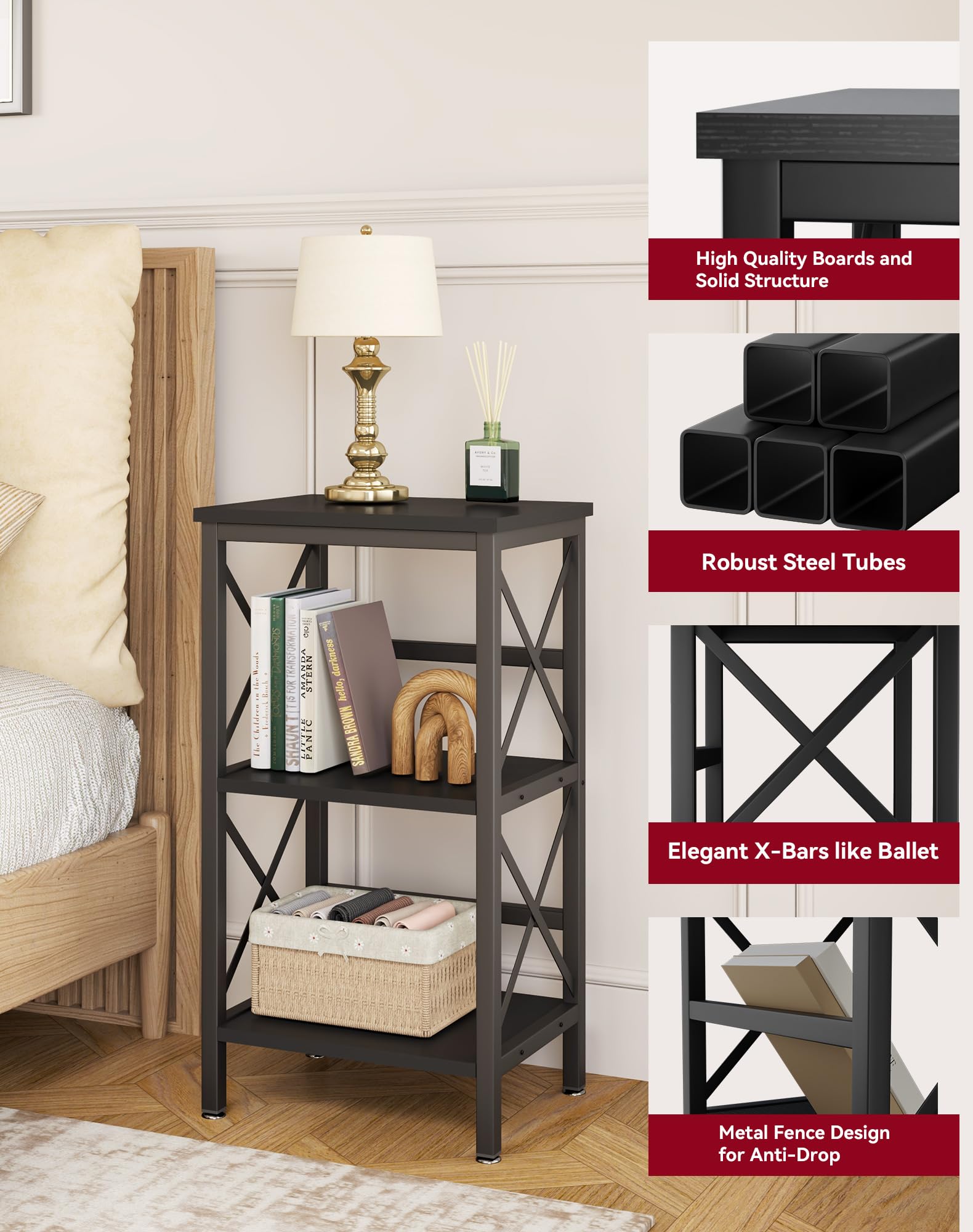 YMYNY Bookcase, 3 Tier Storage Rack, Plant Rack, Storage Microwave Shelf with Steel Frame, for Living Room, Kitchen, Office, Study Hall, Industrial