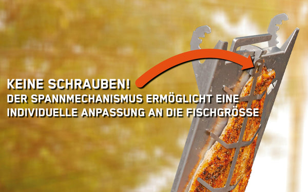 FENNEK Stainless steel flame salmon holder for fire bowls and kettle barbecues, with special clamping mechanism, no screws required, perfect