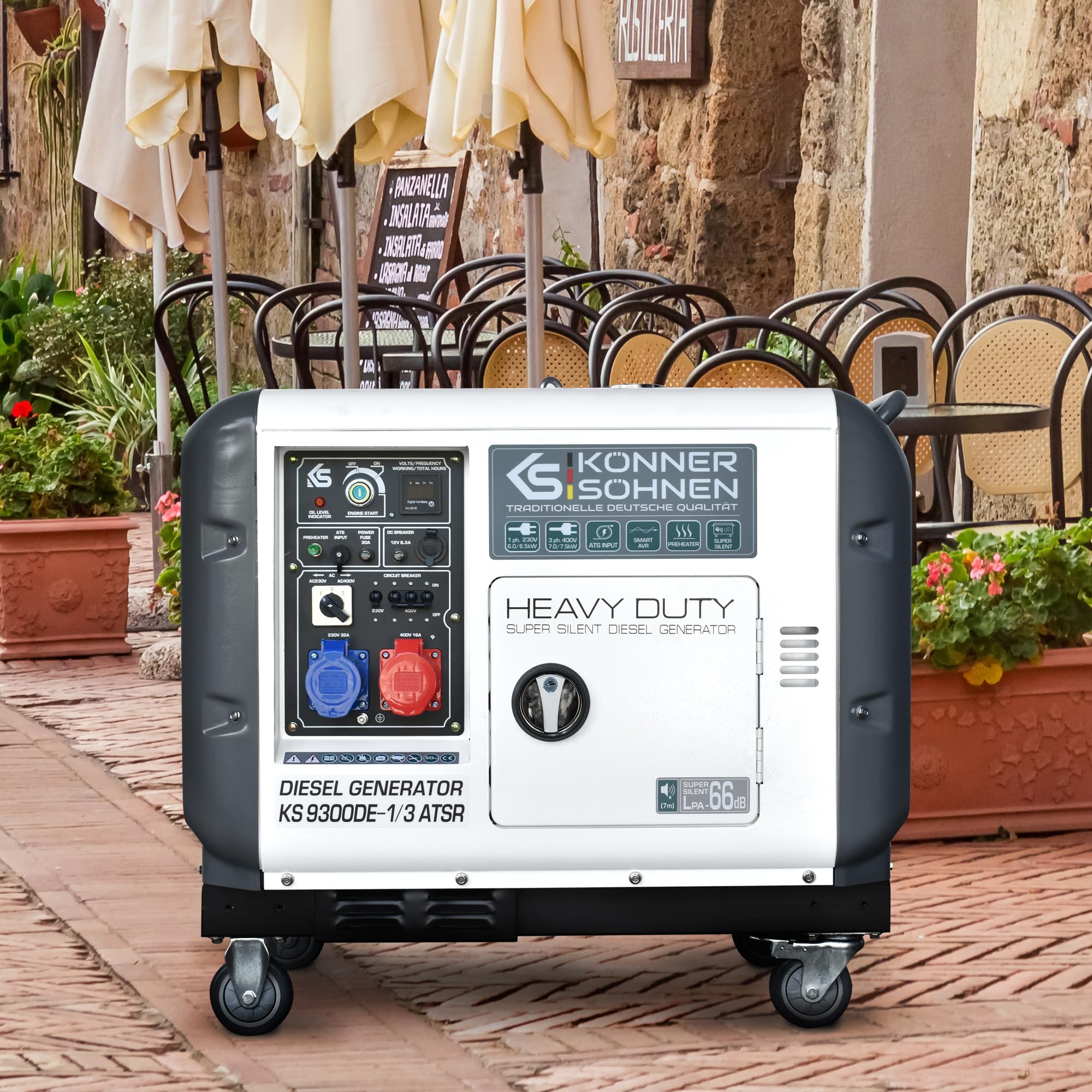 KS 9300DE-1/3 ATSR, diesel emergency generator 7500 W (400 V) / 6500 W (230 V), VTS phase switching system, diesel power generator EURO 5, LED display, air preheater, ATS connection