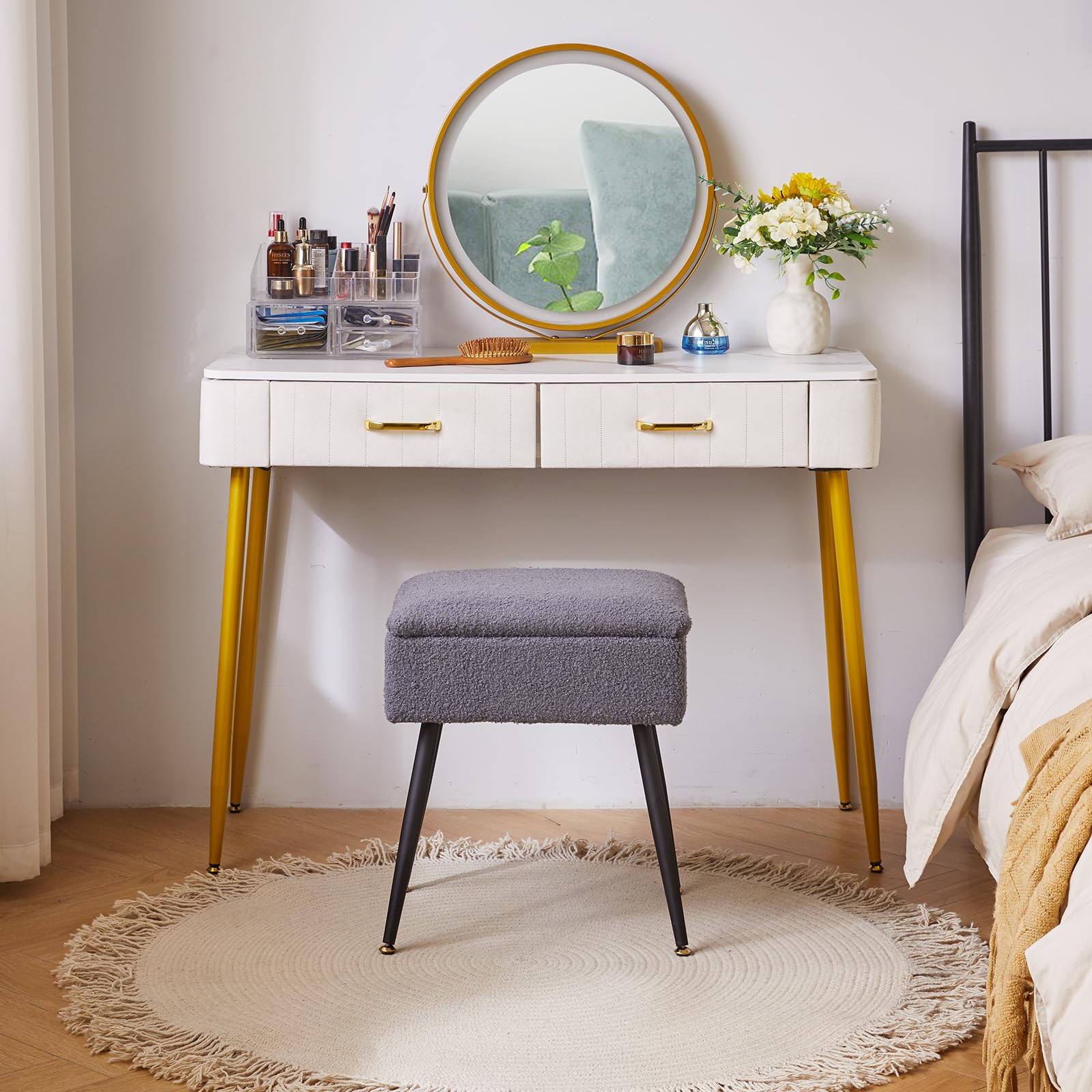 Aibiju Stool Chair for Dressing Table, Faux Teddy Fur Vanity Stool with Storage, Bedroom Ottoman Stool with Metal Legs for Home Living Room, Bedroom,