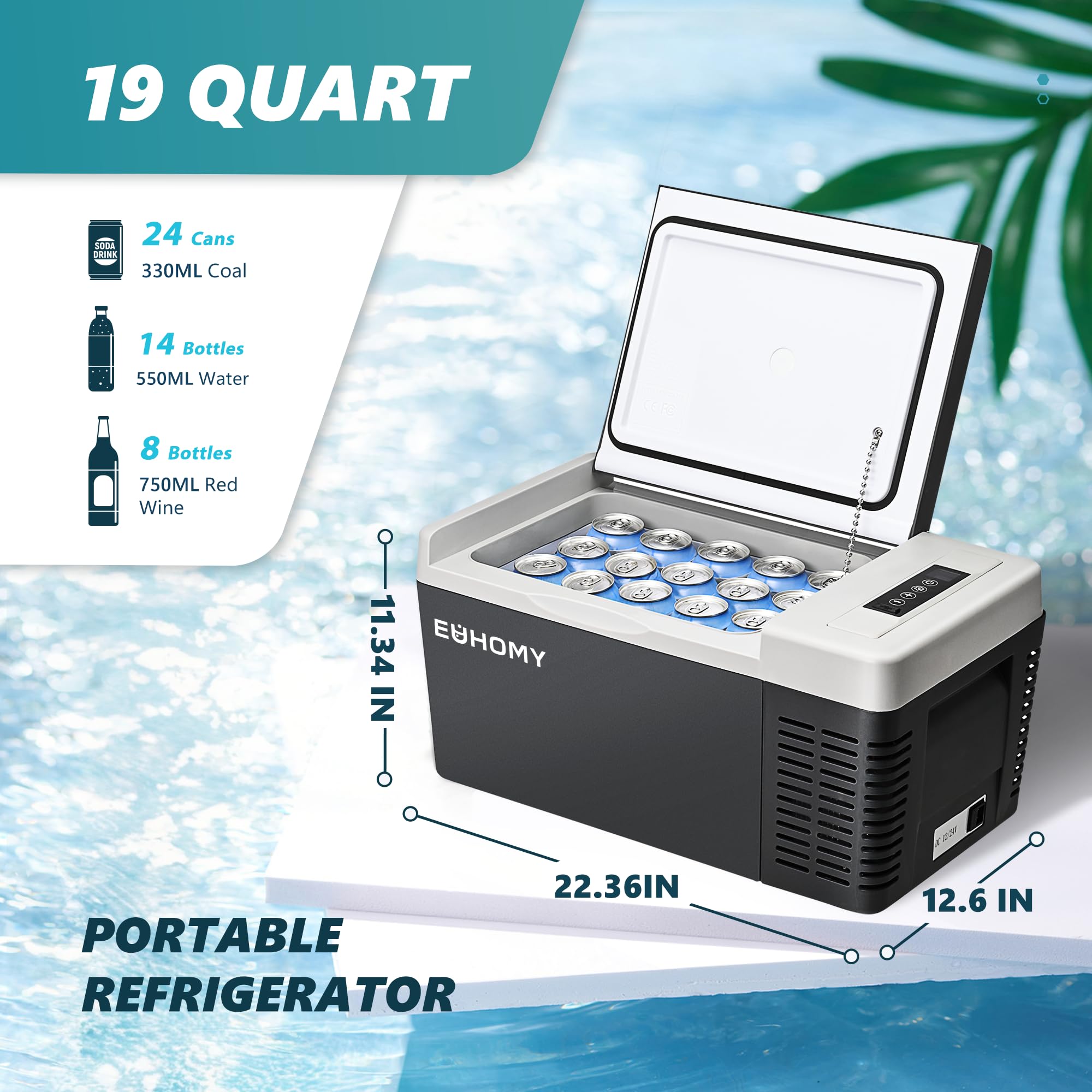 EUHOMY 18L Car Fridge, Compressor Fridge -20℃~20℃, Portable Refrigerator 12/24V DC 100-240V AC, Portable Freeze with APP Control for Camping, Travel, Boat