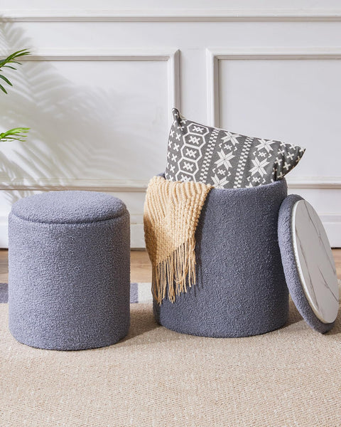 IBUYKE Teddy Velvet Vanity Stool for Makeup, Set of 2 Round Ottoman with Storage, Modern Padded Seat Coffee Table, Multipurpose Footrest Stool for