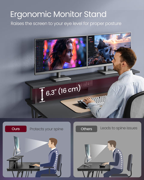 VASAGLE Gaming Desk with LED Lights and Built-In Power Outlets, Computer Desk with Monitor Shelf, Gaming Table for 2 Monitors, Office Desk, for Bedroom, 60 x 120 x 76 cm, Carbon Black LWD292B02