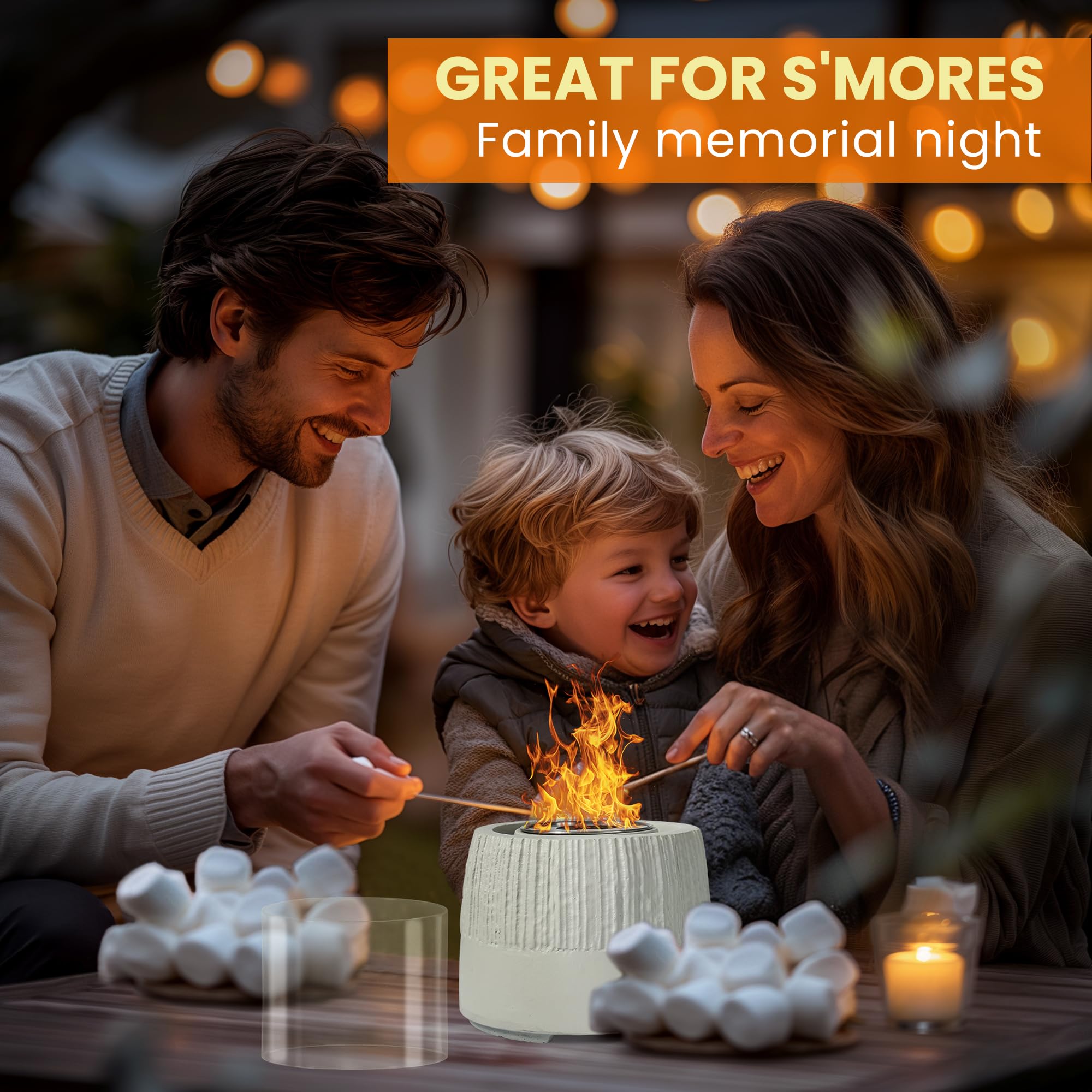 VOSSMOON Tabletop Fire Pit, Bioethanol Table Top Fire Bowl, Portable Round Fireplace indoor or Outdoor, Concrete Table Top Patio Heater Ethanol Burner with Tempered Glass for Potluck or Camping, Black