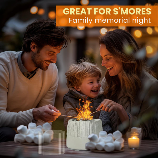 VOSSMOON Tabletop Fire Pit, Bioethanol Table Top Fire Bowl, Portable Round Fireplace indoor or Outdoor, Concrete Table Top Patio Heater Ethanol Burner with Tempered Glass for Potluck or Camping, Black