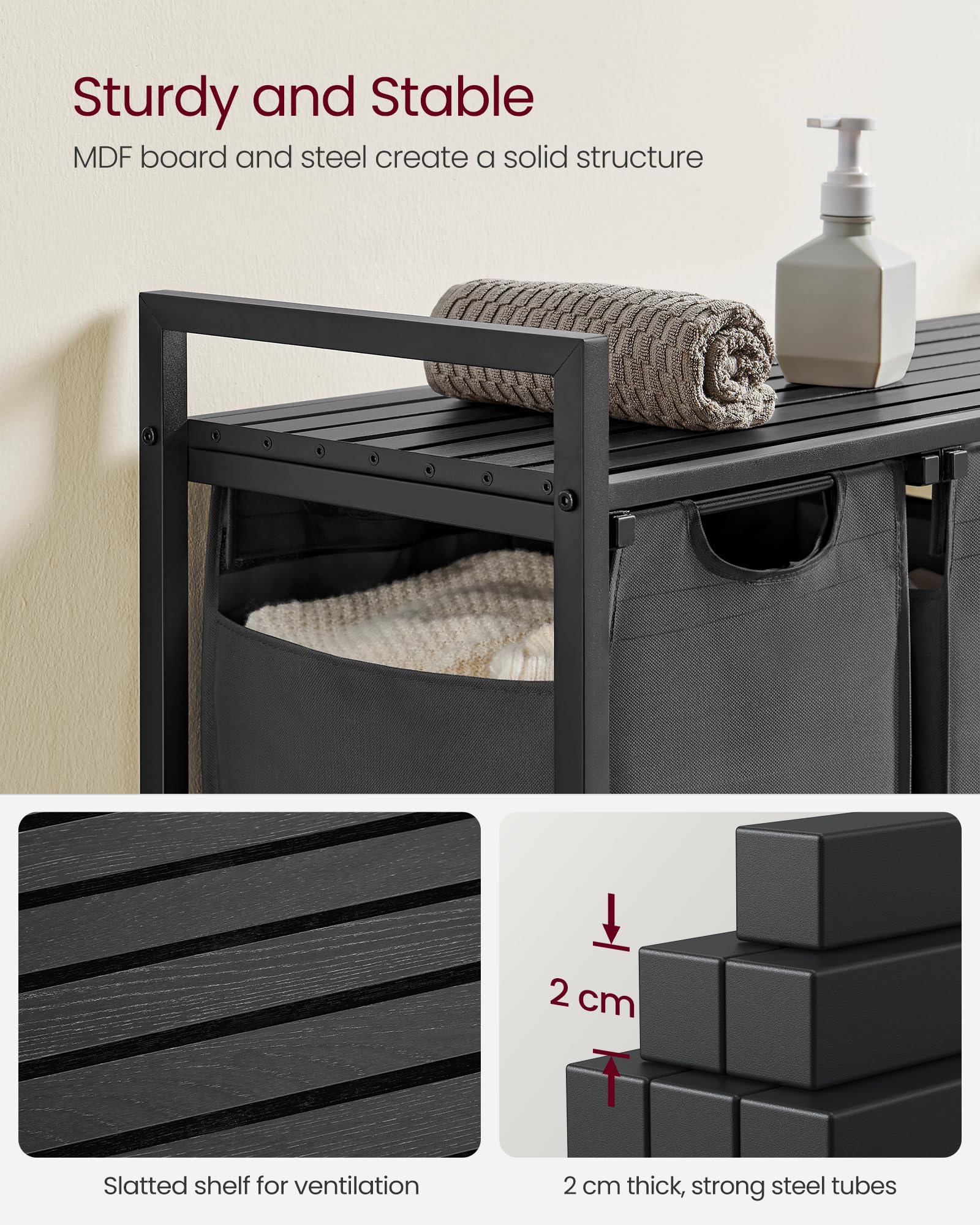 VASAGLE Laundry Basket, Laundry Hamper, Pull-Out and Removable Liner Bag, Shelf, Metal Frame, 65 L, 50 x 33 x 72 cm, Ink Black and Rustic Brown BLH101B01