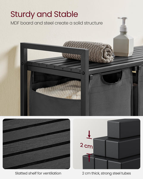 VASAGLE Laundry Basket, Laundry Hamper, Pull-Out and Removable Liner Bag, Shelf, Metal Frame, 65 L, 50 x 33 x 72 cm, Ink Black and Rustic Brown BLH101B01